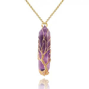 Healing Crystal Necklace Tree of Life Wire Wrapped Natural Stone Point Pendant Necklace Hexagonal Reiki Spiritual Quartz Gemstone Jewelry for Women Men