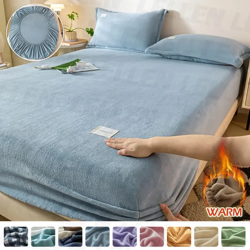 Velvet Thermal Mattress Cover Plush Sheet Elastic Mattress Cover Fluffy Velvet Fleece Bed Linen Couple Double Bed King Size