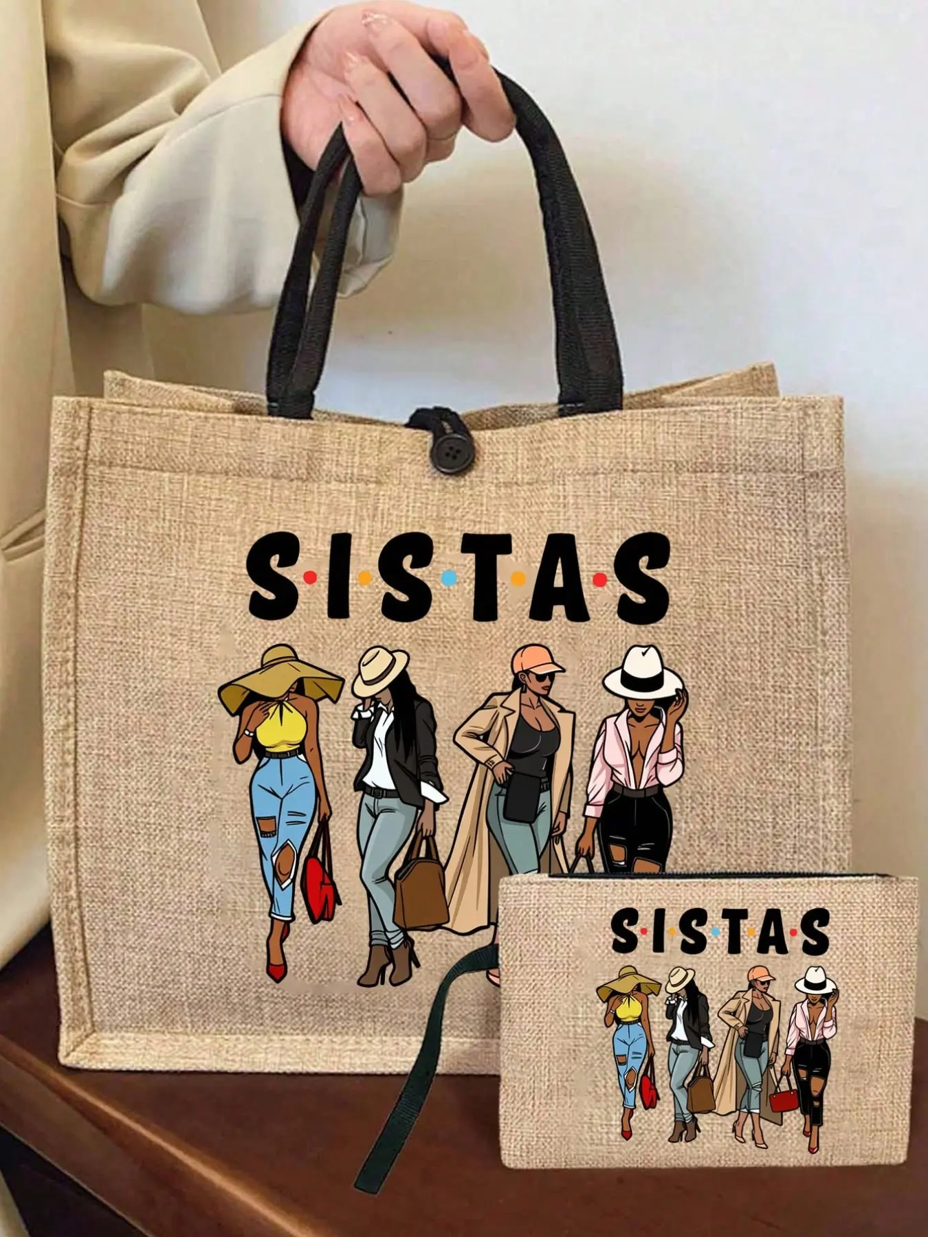 Fashion Women's Printed Handbag Set, Gift for Sister, Lightweight Canvas Shopping Bag, Portable Travel Beach Bag with Makeup Bag, Beach Tote, Fashion Patterned Bag, Casual Trendy Bag, Casual Trendy Purses