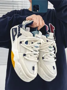 Men's White-Blue-Yellow Color-Block Tech Sneakers, Trendy Deconstructed Style, Mesh Paneling + Platform Non-Slip Sole + Brand Logo, Color-Block Eye-Catching, Unique Style , Ideal for Daily Outfits & Street Leisure Scenarios