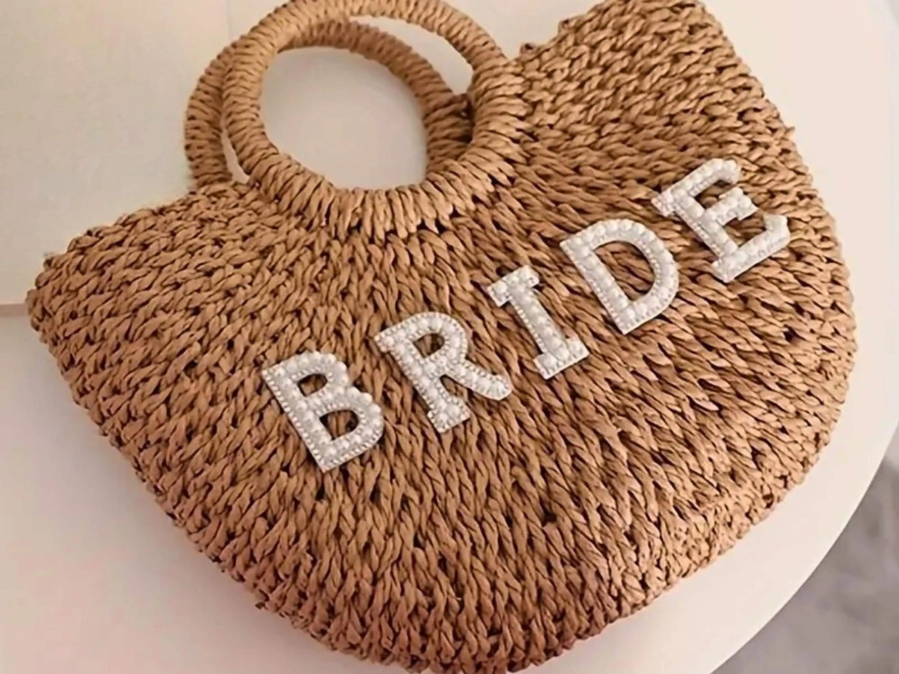 Bride Straw Handbag, Bridal Beach Tote, Woven Honeymoon Purse, Bachelorette Party Bag, Wedding Accessory, Engagement Gift Handmade Beach Bag