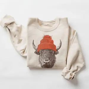 Vintage Bull Bison Wearing Beanie Sweatshirt – Mountain Wildlife Crewneck, Camping & Hiking Gift, Retro 90s Unisex Buffalo Outdoors Pullover