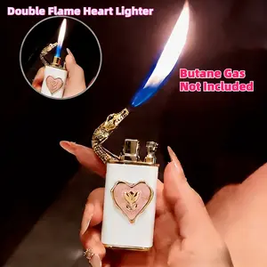 Creamy White Heart Lighter(Without Gas) - Hand-Painted Pink Heart Double Flame Refillable Butane Lighter - Windproof Jet & Soft Flame, Adjustable Flame, Cute Aesthetic Gift for Her (Butane Not Included)
