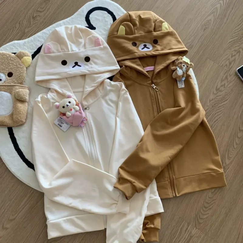 TOP Bear Ear Long-Sleeved Zipper Sweatshirt Jacket for Women, Autumn/Winter 2025, Japanese Style, Cute and Sweet Cardigan, Casual Top with Stylish Design COOL