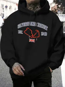 Men's Track Hoodie, Black Motorsport Pullover Top with Red Track Map and British Flag Design for Racing Fans, Grand Prix Events and Casual Streetwear