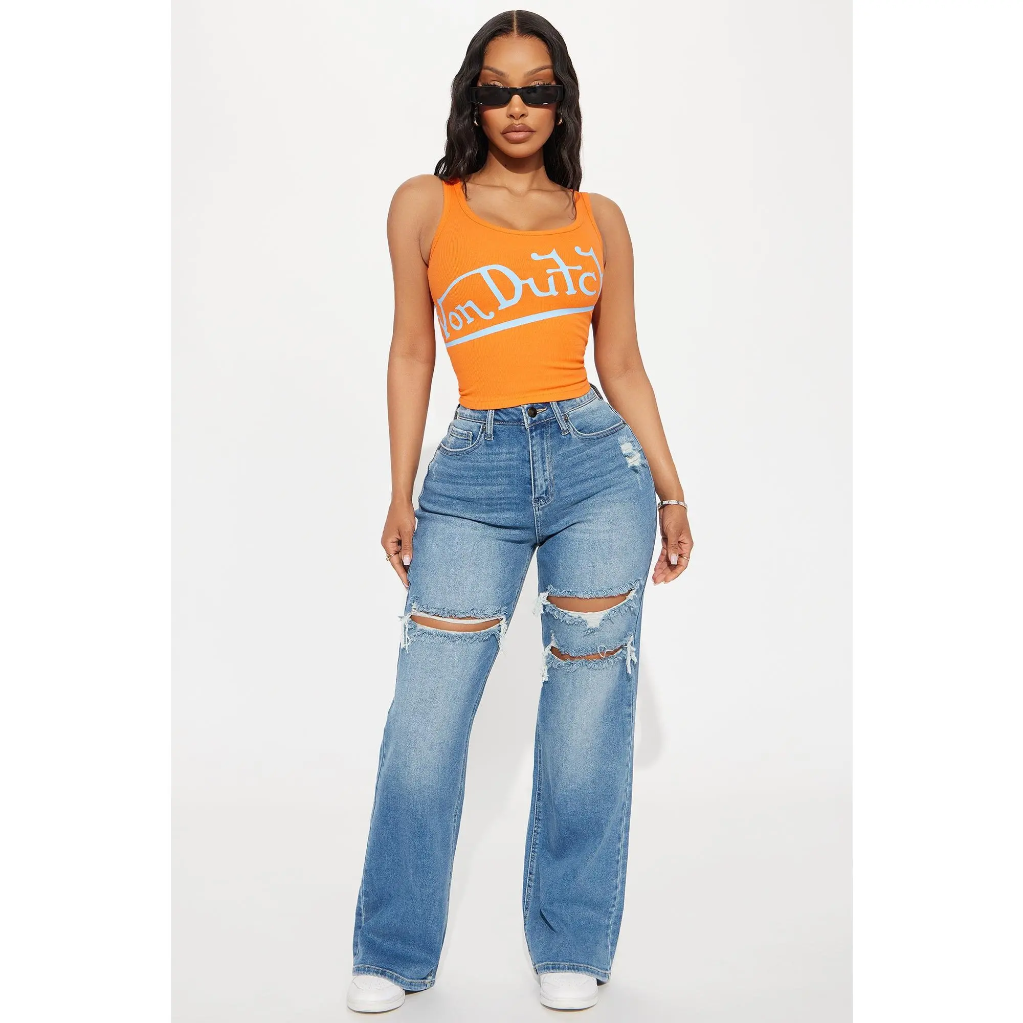 Petite Remi Ripped Stretch Baggy Jeans - Medium Wash Petite Remi Ripped Stretch Baggy Jeans - Medium Wash