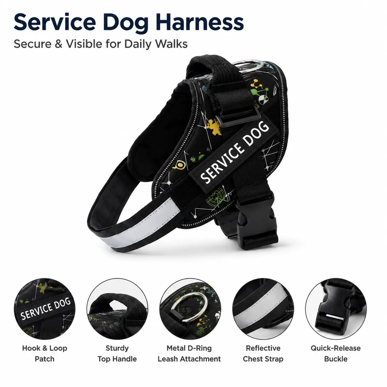 Service Dog Harness for Medium & Large Dogs - Reflective No-Pull Vest Harness with Top Handle, Metal D-Ring, Quick-Release Buckle, Removable Patch for Daily Walking