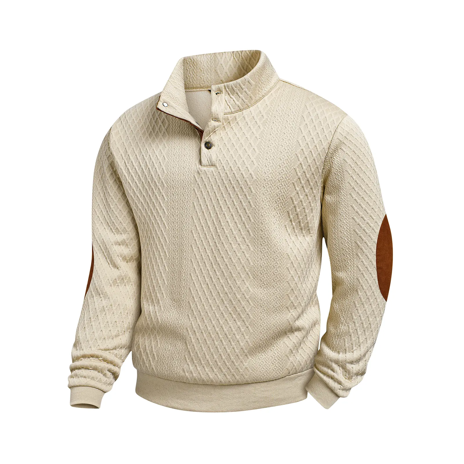 JMIERR Men's Textured Sweatshirt Casual Pullover Sweater | Fleece Lined, Long Sleeve Henley Stand Neck, Knit Jacquard Texture, Elbow Patches, Fall Winter Clothes