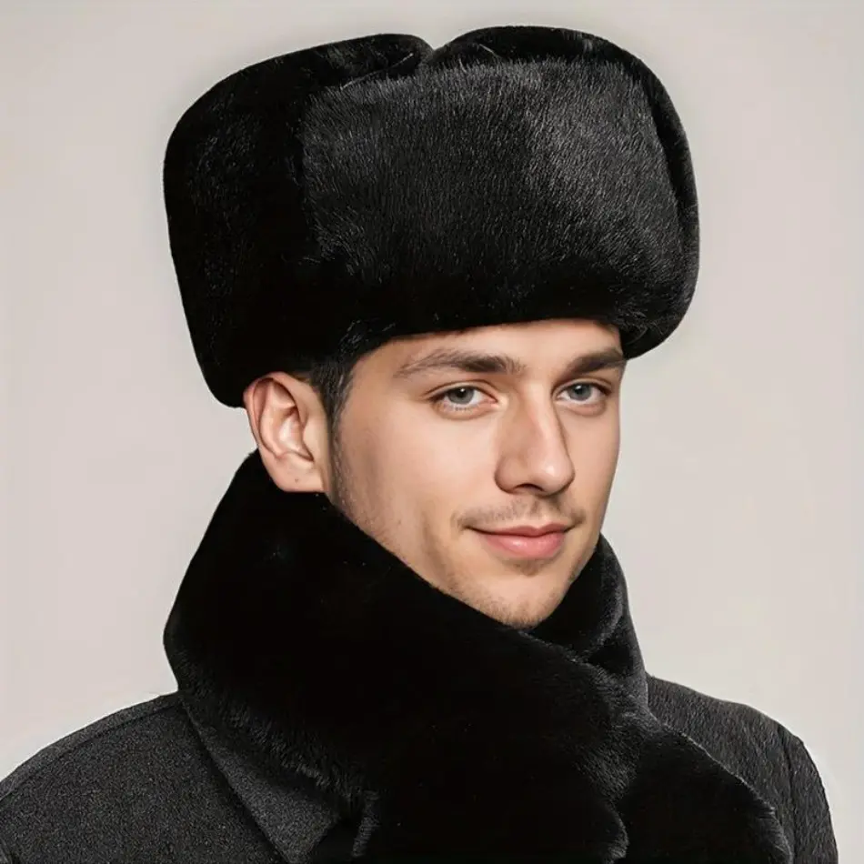 2026 Latest Men’s Warm Ski Hat - Thick Fleece-Wool Reversible Black Polyester Cold Weather Headgear with Ear Flaps, Keep Warm Insulated Hats, TikTokShop Black Friday Deal, Keep Warm Hats
