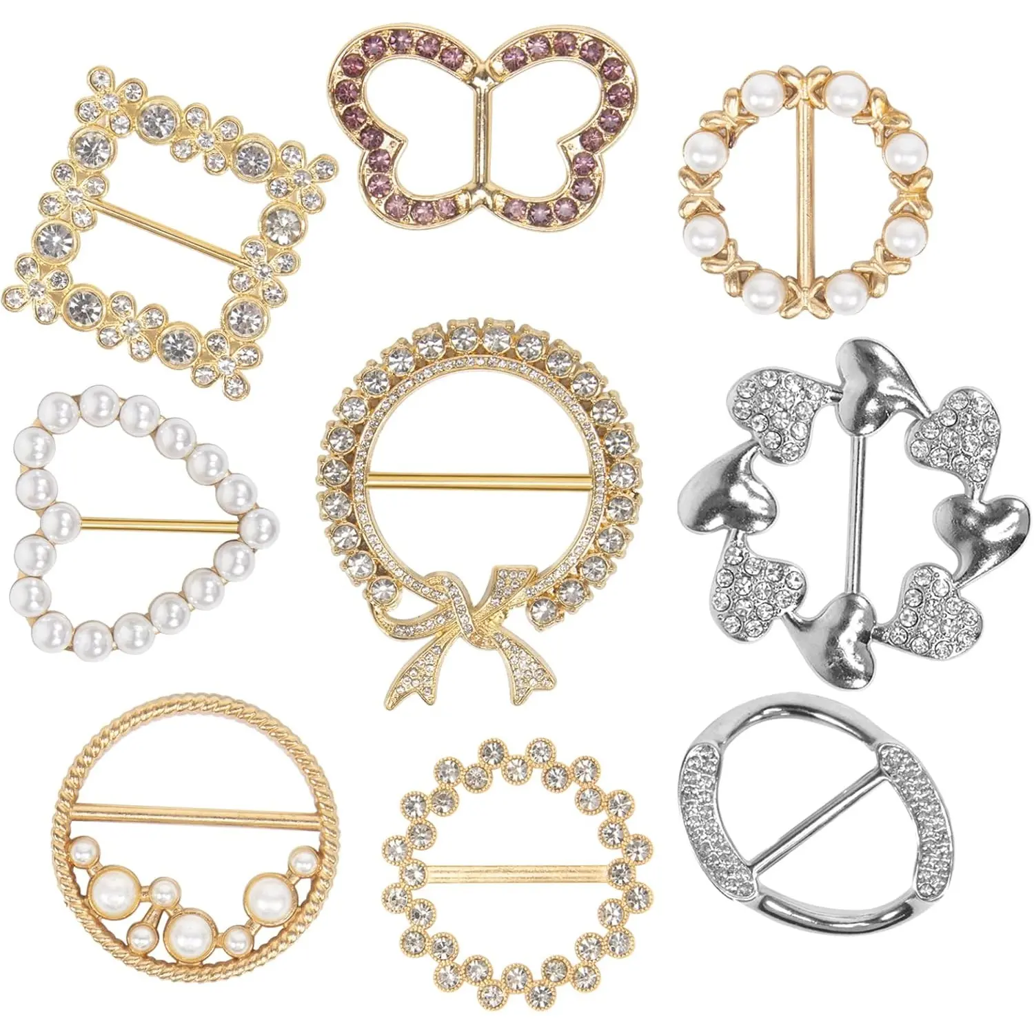 9 PCS Glamorous Female Handmade T-Shirt Clips - Durable Metal Pins, Fashion Alloy Pearl Rhinestone Circle Buckles, Clothes Corner Knotted Buttons, Daily Shirt Silk Scarf Accessories, Party Supplies Gift
