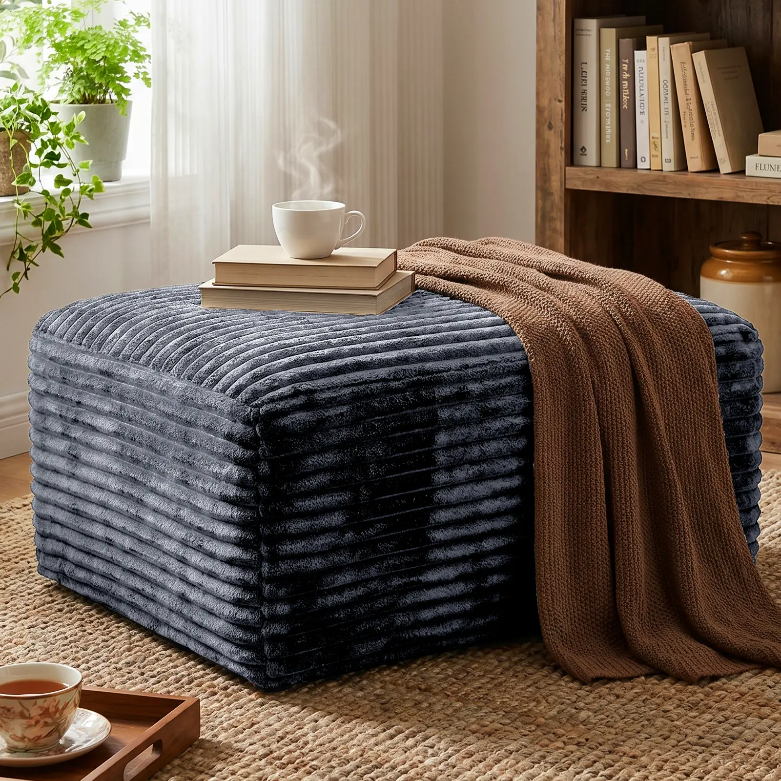 Cozy Corduroy Movable Ottoman - Modern Footstool, 350lb Capacity Multifunctional Stool, No-Assembly Modern Luxury Indoor Furniture for Living Room, Bedroom Upholstered Bench, Clean Design
