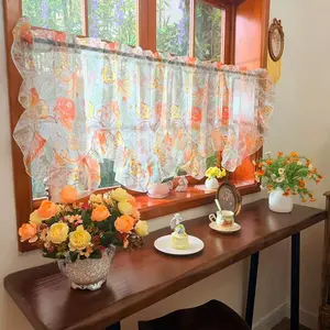 American Vintage Wave Hem Floral Half Curtain, Country Style Lace Coffee Curtains, Transparent Short Window Drapes, Home Decoration Curtain, Room Decor Curtain, No Drill Needed