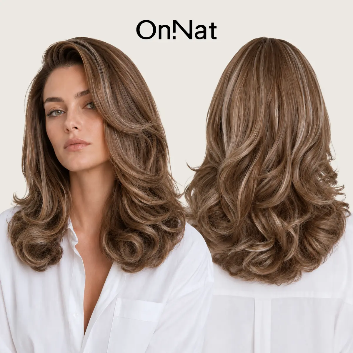 Naomi - OnNat Shaggy Layered Cut Style Wig | 13x4 HD Lace Frontal Free-parting 18-inch Brown Highlight Mid-Length Curly Wig Face-Framing Versatile Styling & Comfortable Fit