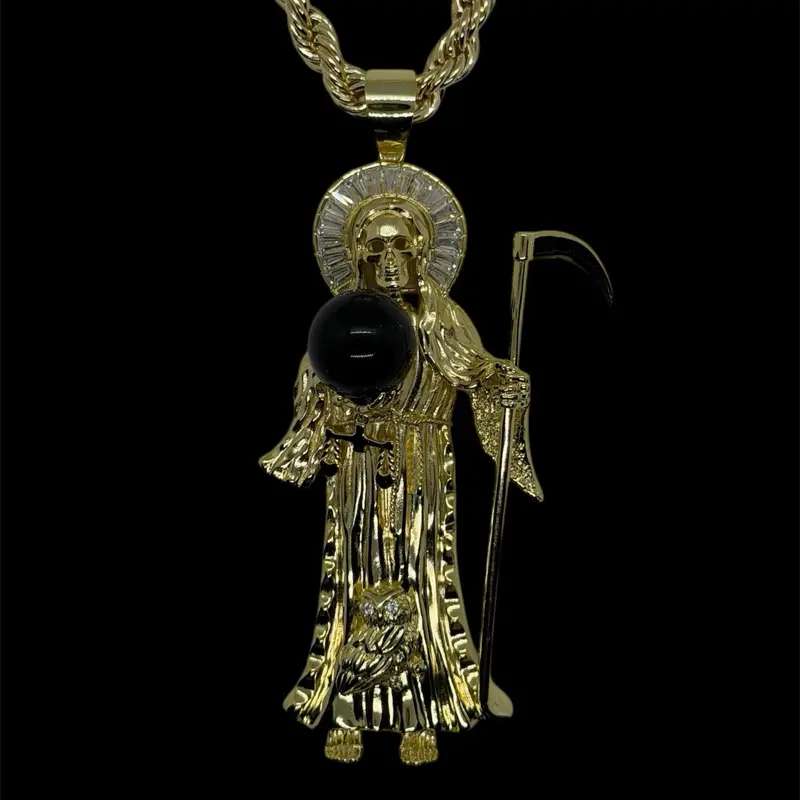 14k Gold Plated Santa Muerte Black Pearl Pendant Necklace, Grim Reaper Gothic Charm Chain Jewelry Necklaces for Daily Wear