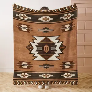 Vintage Aztec Pattern Comfortable Western Flannel Blanket - Soft, Warm, and Stylish, Suitable for Bed, Sofa, or Camping - Brown, White, and Beige Geometric Design, Machine Washable