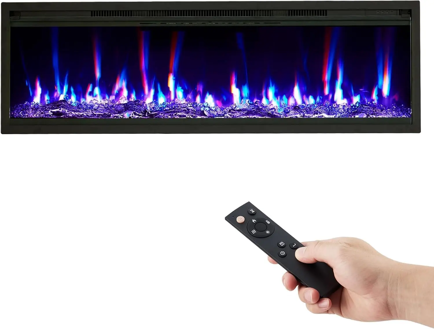 60" Ultra-Thin Linear Electric Fireplace Heating System - Wall-Mounted/Recessed Home Appliance (60"w × 4.13"d × 15.75"h), 4.2" Depth, Remote Control, Timer, 750W/1500W Efficient Heating, 12 Flame Colors, Decorative Log & Crystal, Tempered Glass