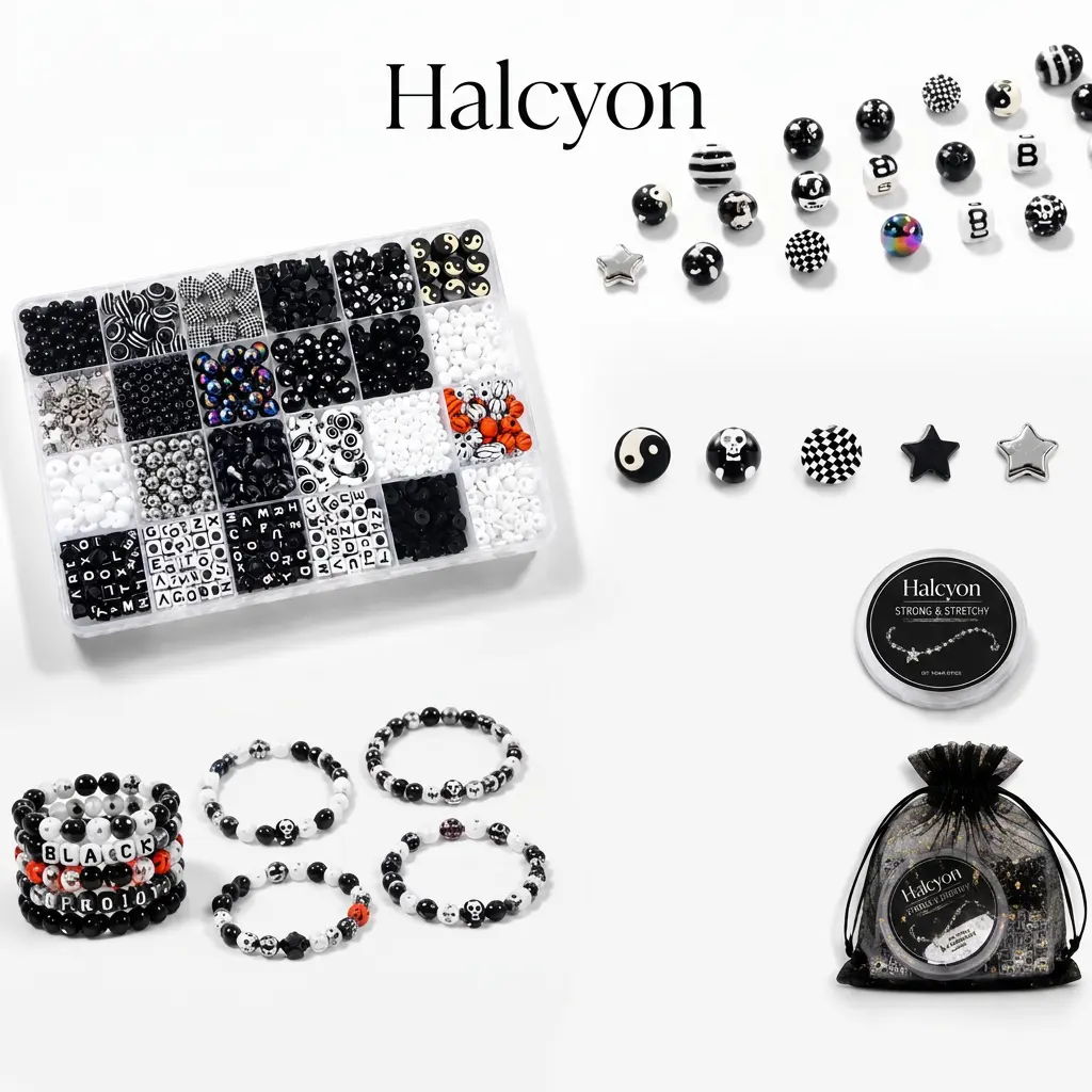 Halcyon 1005Pcs Black & White DIY Bead Kit, Stretch String, Alphabet Beads & Yin Yang Skull Star Charms, Gothic Punk Friendship Bracelet Craft Gift