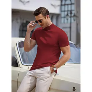 Men's Mock Turtleneck Sweater Short Sleeve Solid Color T-shirt Basic Slim Knit Pullover T-shirt