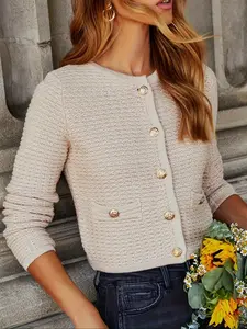 Women's Round Neck Button Knit Cardigan, Short Long Sleeve Casual Sweater Coat, Spring Fall Commute Date