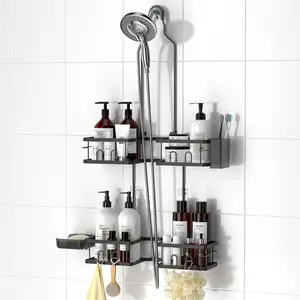 Adjustable Hanging Rustproof Shower Caddy for Handheld Showerheads, Shower Organizer with Hooks Soap Holder Toothbrush Holder, Anti-Swing Shower Rack Bathroom Accessories, Black