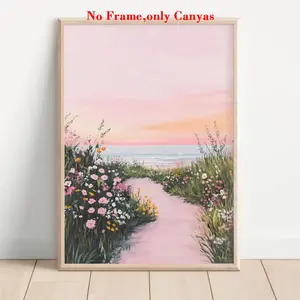 1 Pc, Wall Art, Decorative Artwork, Vintage Poster, Modern floral paintings, Pink Coast Beach Spring Wildflowers Art Print Modern Home Decor, Canvas Painting, Gift for Friends, Unframed
