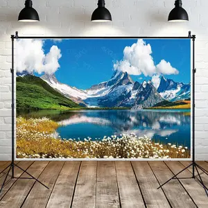 1 Pcs Swiss Alps Mountain Lake Photo Background, Nature Scenery Photography Backdrop, Travel Themed Photozone Backdrop, Suitable For Portrait, Live Streaming Backgrounds, Photography Studio, Video, Event, Anniversary, Material Vinyl