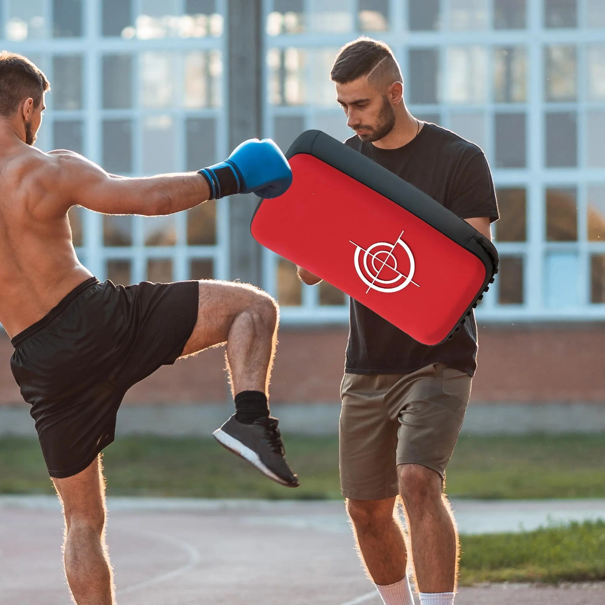 16.5" Muay Thai Kick Shield – Curved Design, Adjustable Straps. EPE Foam Absorbs Impact. PU Cover, Reinforced Stitching. For Martial Arts, Karate, Kickboxing, MMA. Red