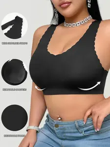 Plus Size Solid Color Push Up Sports Bra, Women's Breathable Comfortable Wireless Sports Bra, Ladies Sportswear for Indoor Outdoor Wear