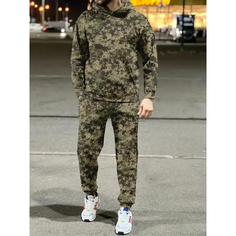 Male 2-Piece Camouflage Blend Tracksuit - Long Sleeve Hooded Sweatshirt & Jogger Pants, Machine Washable Casual Sports Outfit for Outdoor, Going Out Activities, Outfits, Athletic