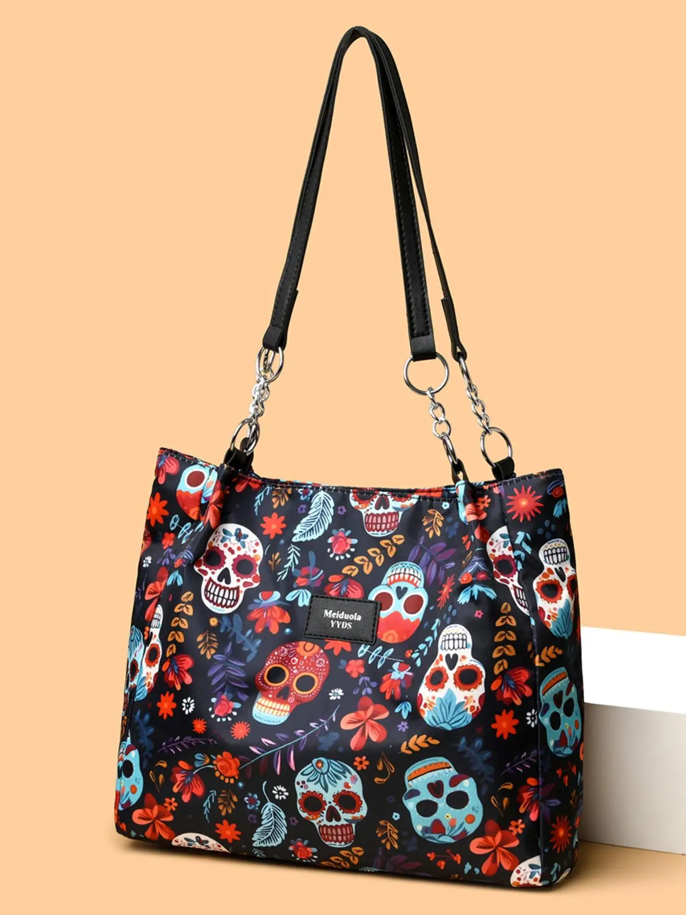 Creative Fashion Skull & Leaf Pattern Tote Bag, Casual Versatile Zipper Shoulder Bag for Women, Trendy All-match Colorful Bag for Daily Use, Halloween
