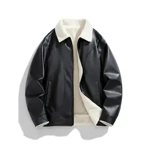 Men'S Faux Fur Lined Leather Jacket - Casual Polyester Sherpa Biker Coat with Zipper, Non-Stretch Fabric, Solid Color, Lapel Collar, Pockets, Regular Fit for Autumn and Winter
