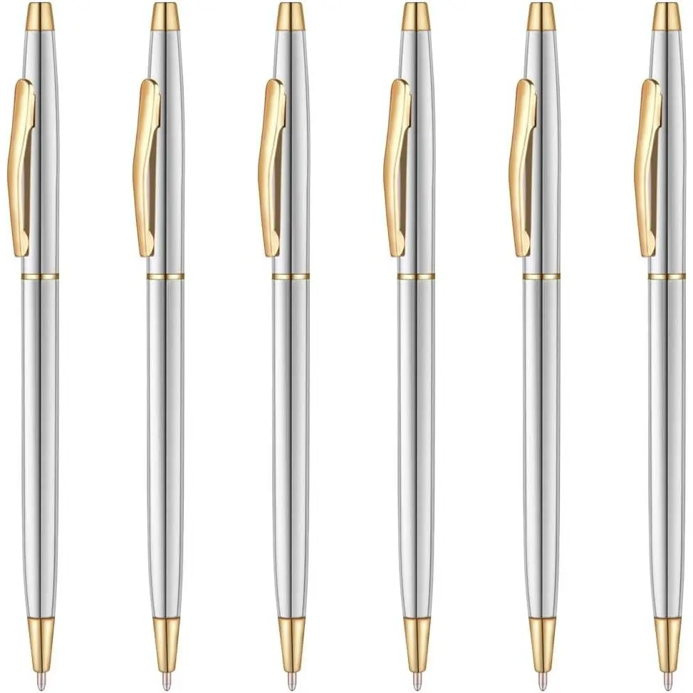 6 count Steel &  Stainless Steel Ballpoint Pens Black Ink Medium Point, Slim Metallic Retractable Twist Pens Nice  for Business Office Students Teachers Wedding