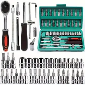 46-Piece 1/4" Drive Socket Ratchet Wrench Set with Metric & Extension Bars for Household Use