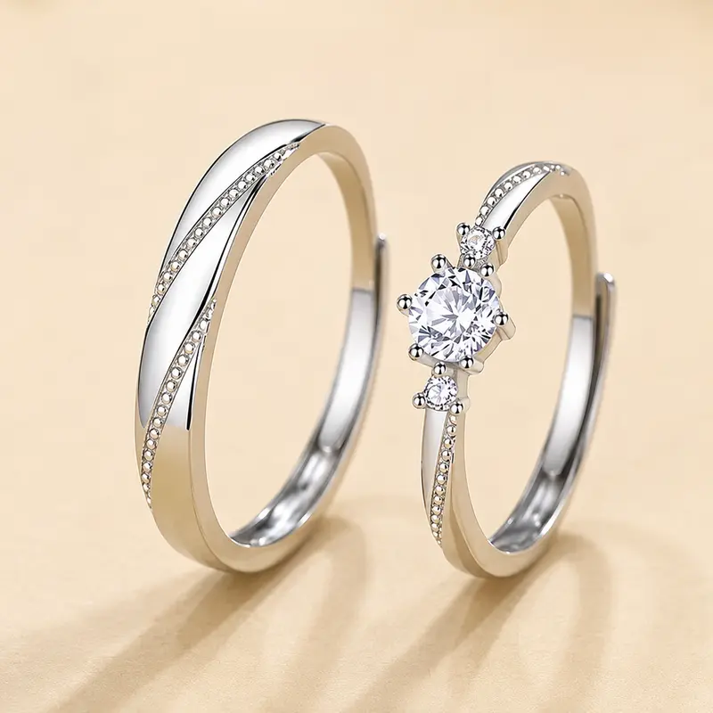 [2pcs Silver-Plated Copper Adjustable Sizes Couple Zirconia Ring Set] Cubic Zirconia Rings Silver, Couple Gifts for Adults for Engagement, Valentine’s Day Pave Engagement Ring Engagement Ring Styles Engagement Ring Jewelry Jewelsring