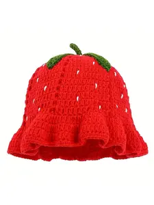 1pc Handmade Cute Strawberry Fisherman Hat Women Handwoven Openwork Crocheted Bucket Hat for Music Festival Vacations Traveling