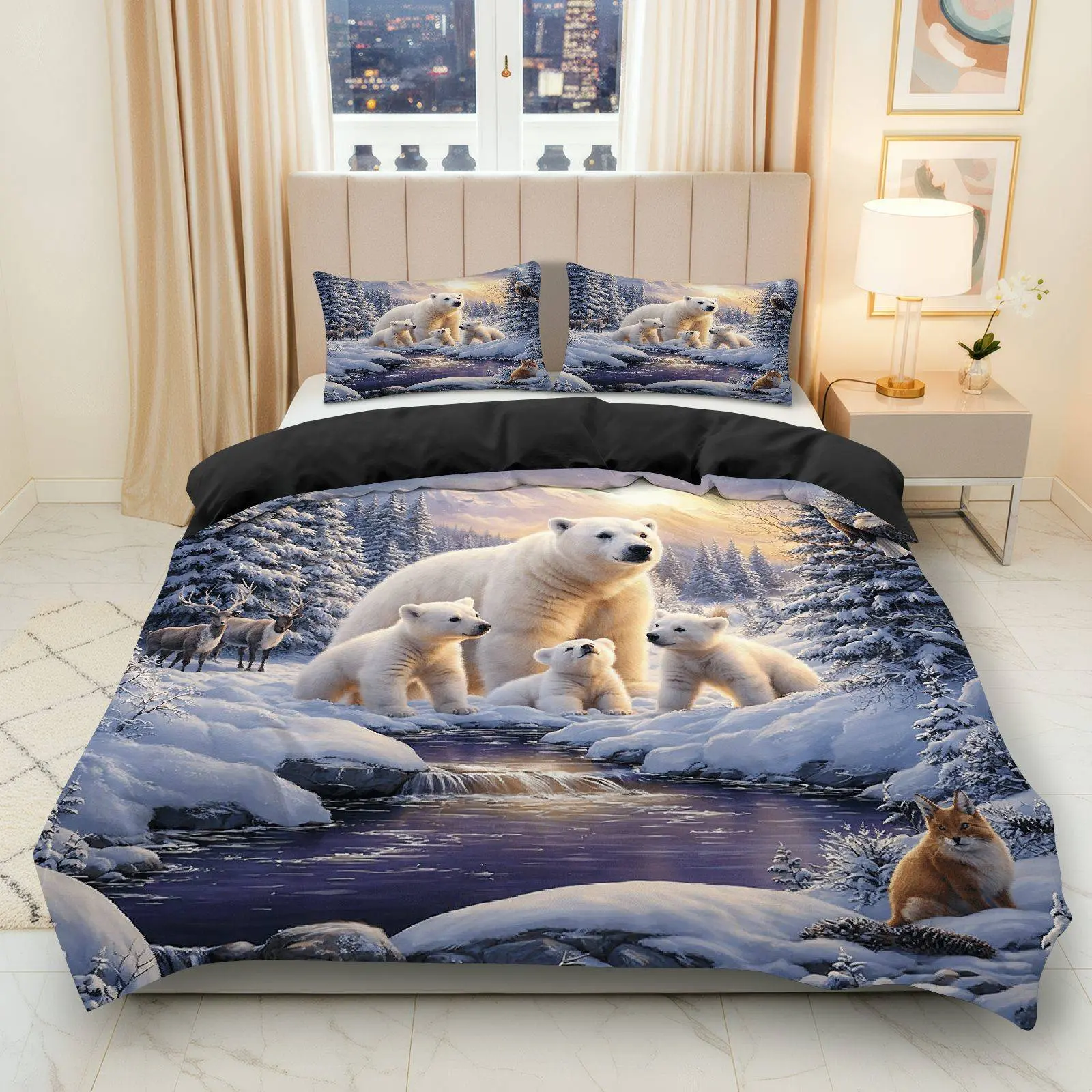 3PCS Duvet Cover Set, 1 Duvet+2 Pillowcases(Without filler), Polar Bear Snow Forest Animal Nature Winter theme, Christmas bedding set, Comfy Bedding Set, Cozy Warm Comfortable Suitable for decoration Bedroom, Hotel, Guest Room, Cabin.