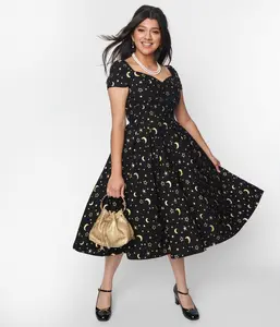 Unique Vintage Black & Gold Moon & Stars Midge Swing Dress
