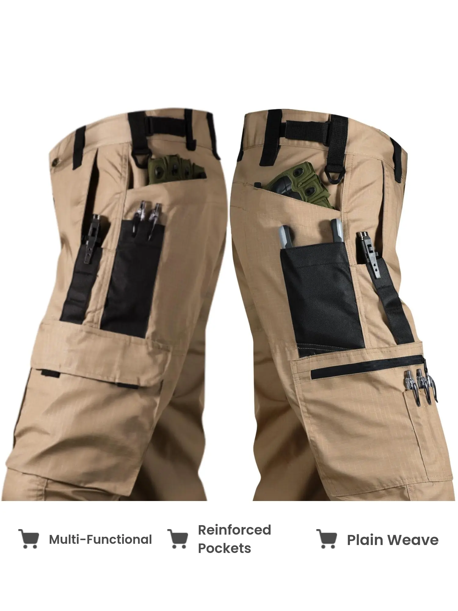 Men's Tactical Work Pants - Polyester Clothes with Multi-Functional Reinforced Pockets, Durable Beige Seamless Plain Weave Fabric, Athletic Look, Fitted Cut for Hiking, Camping Outdoor & Casual Wear