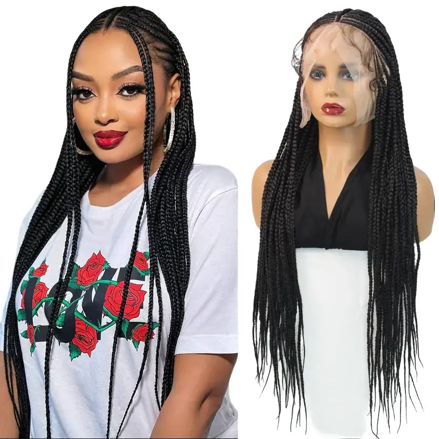 DOSAY Fulani Cornrow Braided Wigs Synthetic Full Lace Wig Goddess Braids African With Baby Hair 32'' Knotless Braided Lace Front Wigs 1B & T1B BURGUNDY Color