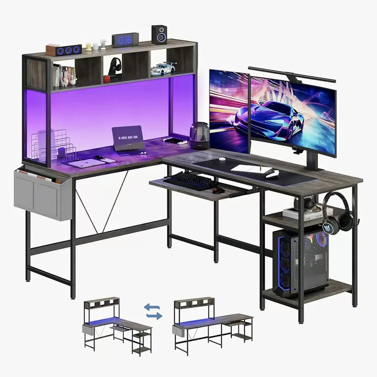 RGB Gaming Desk 67 Inch, L Shaped Computer Desk with LED Lights and Keyboard Tray, Reversible Corner Table with Side Storage Bag, Metal Frame Desk for Home Office Bedroom
