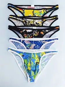 5 pieces of men's sexy triangle underwear, cool and breathable, stylish with different prints, fine mesh hole design, suitable for beach leisure wear, men's printed triangle swim trunks.