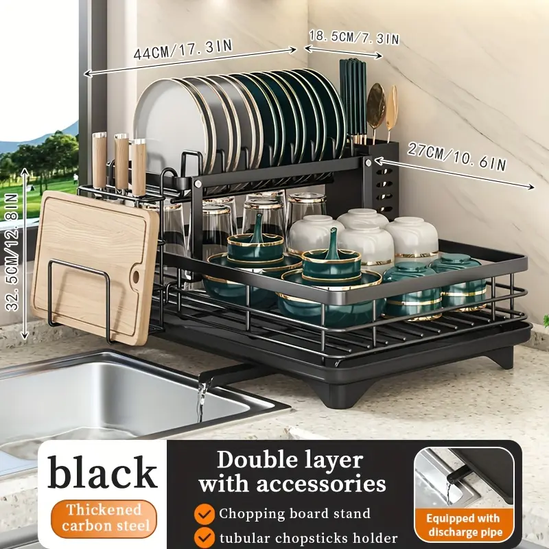 Double Tier Large Metal And Carbon Steel Cutlery Rack for Kitchen Countertop, Space Saving And Durable, with Knife, Fork And Cup Holders And Draining Board, Rustproof Large Two Tier Metal Cutlery Rack, Make The Kitchen More Concise And Organized.