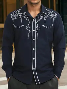 Men's Long Sleeve Shirt, Loose Casual Comfy Embroidery Shirt for Daily Wear, Casual Shirts, Men's Top for All Seasons