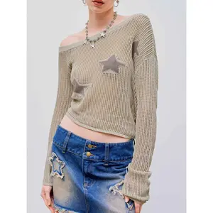 Cider [2 colors, size 2-10] Asymmetrical Neck Star Knitted Long Sleeve Top