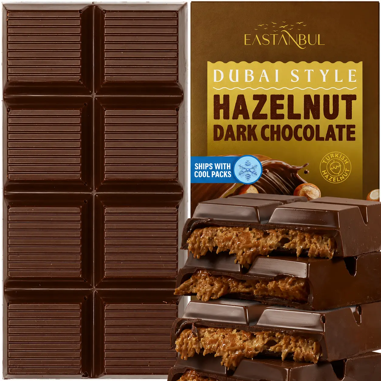 Eastanbul Dubai Dark Chocolate Bar with Hazelnut & Kunafa, 7oz Viral TikTok Chocolate, Crunchy Phyllo Dough Dessert | Ice Pack Included