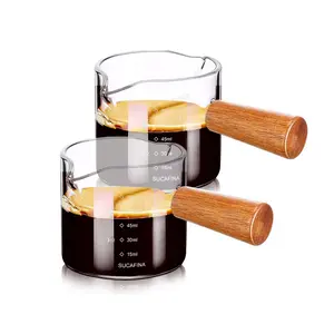Double V-shaped Mouth Coffee Cup with Wooden Handle, 2 Counts Simple Glass Coffee Measuring Cup with Double Scale, Espresso Shot Glass, Coffee Pitcher, Coffee Making Tools