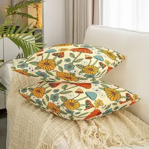 Feelyou 24"x24" Set of 2 Removable Interchangeable Pillow-Shaped Multicolor Mushroom Throw Pillow Covers - Soft Fabric, Retro 60s-70s Style, Vintage Floral Print Household Textile Decor Accessories, Interchangeable Cushion Covers, Pillow-Shaped Cushion Co