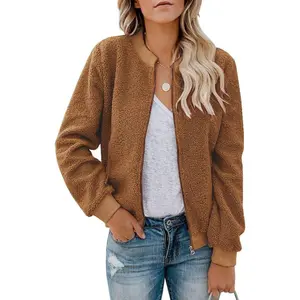 Women Fleece Jacket Winter Bomber Long Sleeve Faux Sherpa Fuzzy Casual Zip Up Coat PocketGift