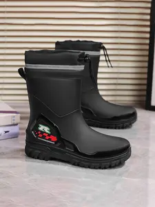 Men's Mid-Calf Fishing Rain Boots, Slip Resistant Boots, Anti-Slip Soft Sole with Drawstring, All-Season Outdoor Activities, Round Toe Fabric Shoes, Waterproof Outdoor Footwear