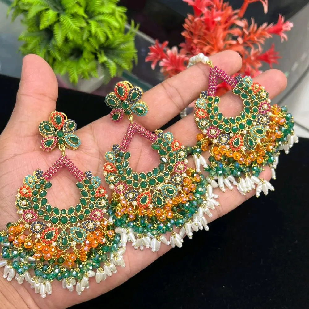 Nauratan Earnings with Tikaa, Multi colored Earnings, and Tikaa, Traditional Pakistani Jewelry Trendy Fashionable Accessories